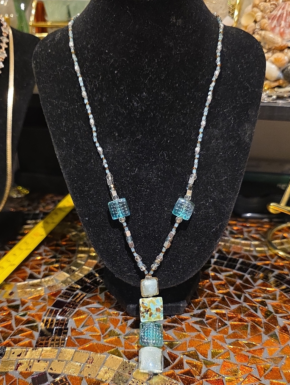 Aqua Glass Tile Pendant Necklace